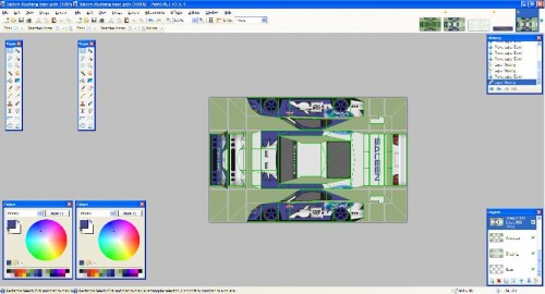 On a new layer, I add the livery and sponsors. The car is divided up by green lines, these areas correspond to the textures in the car shape editor.