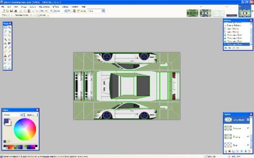 I've made a blank bitmap of the car shape, onto this I make a template for each car (this is the Mustang).